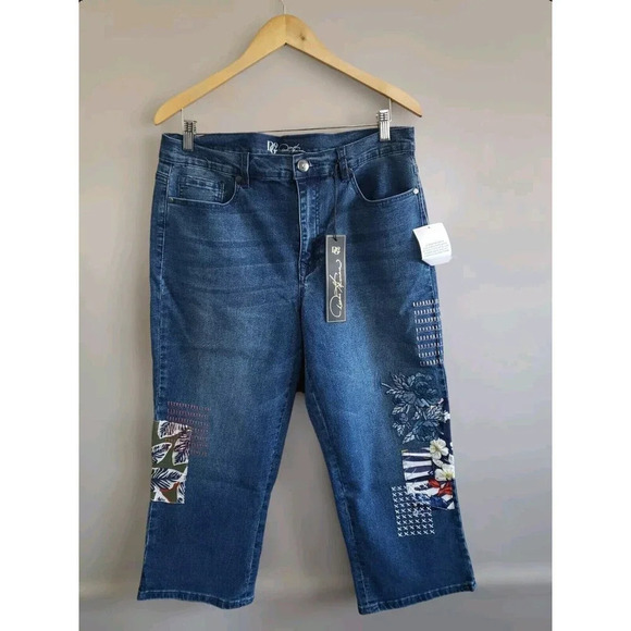 DG2 Diane Gilman  Cropped Jeans Women's 14 Stretch Embroidered  Indigo NWT - Picture 1 of 10